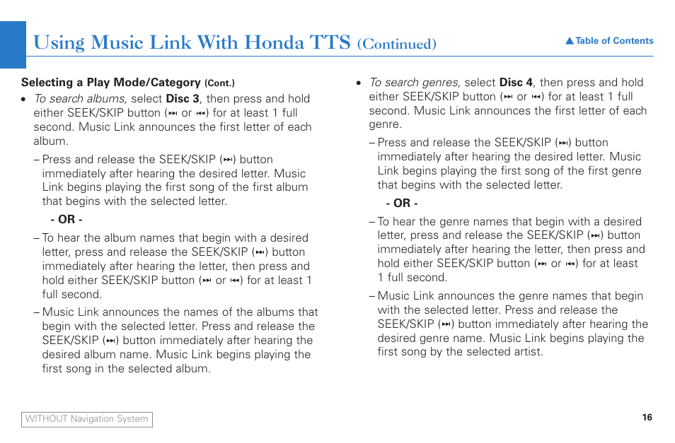 Using music link with honda tts | HONDA Music Link AAM 31052-31557 User Manual | Page 16 / 34