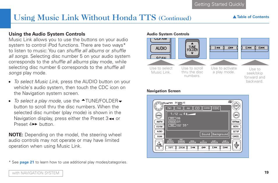 Using music link without honda tts, Continued) | HONDA Music Link AAM 31052-31557 User Manual | Page 19 / 34