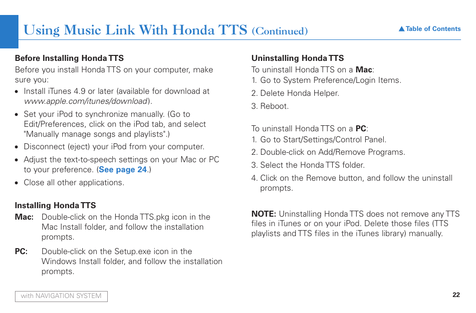 Using music link with honda tts | HONDA Music Link AAM 31052-31557 User Manual | Page 22 / 34