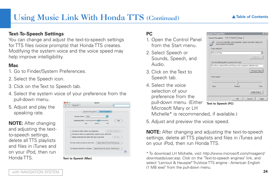 Erence, Using music link with honda tts, Continued) | HONDA Music Link AAM 31052-31557 User Manual | Page 24 / 34