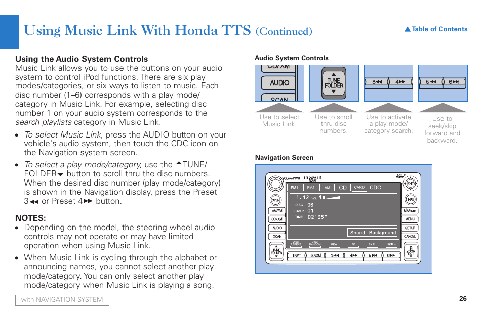 Using music link with honda tts, Continued) | HONDA Music Link AAM 31052-31557 User Manual | Page 26 / 34