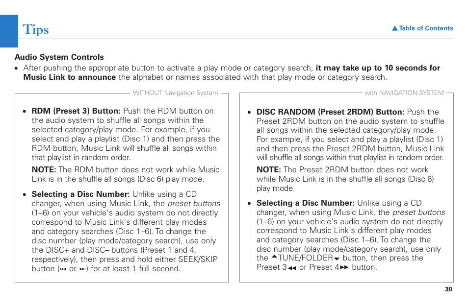 Tips, See the, Tips section | HONDA Music Link AAM 31052-31557 User Manual | Page 30 / 34