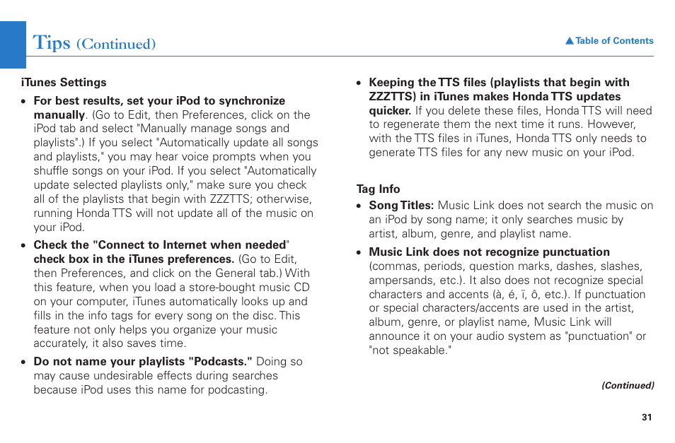 Tips | HONDA Music Link AAM 31052-31557 User Manual | Page 31 / 34