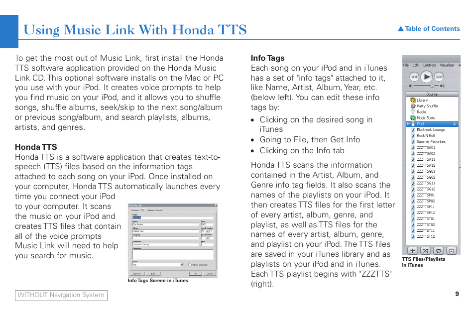 Using music link with honda tts | HONDA Music Link AAM 31052-31557 User Manual | Page 9 / 34