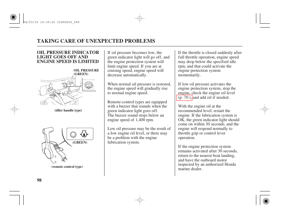 Taking care of unexpected problems | HONDA BFP8D User Manual | Page 100 / 137