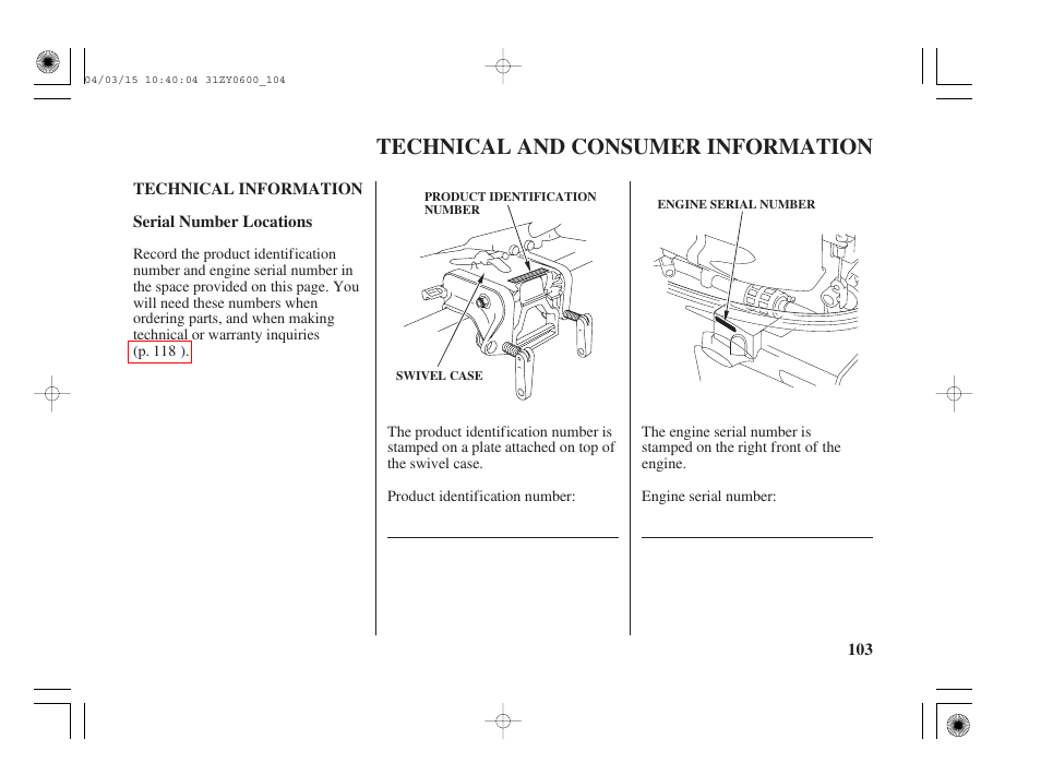 Technical and consumer information, Technical information, Serial number locations | Technical and consumer, Information | HONDA BFP8D User Manual | Page 105 / 137