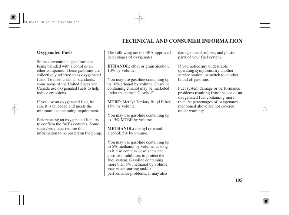 Oxygenated fuels | HONDA BFP8D User Manual | Page 107 / 137