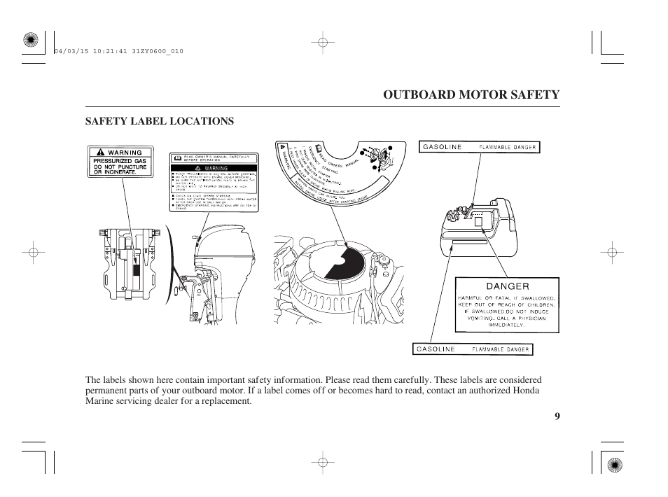 Safety label locations | HONDA BFP8D User Manual | Page 11 / 137