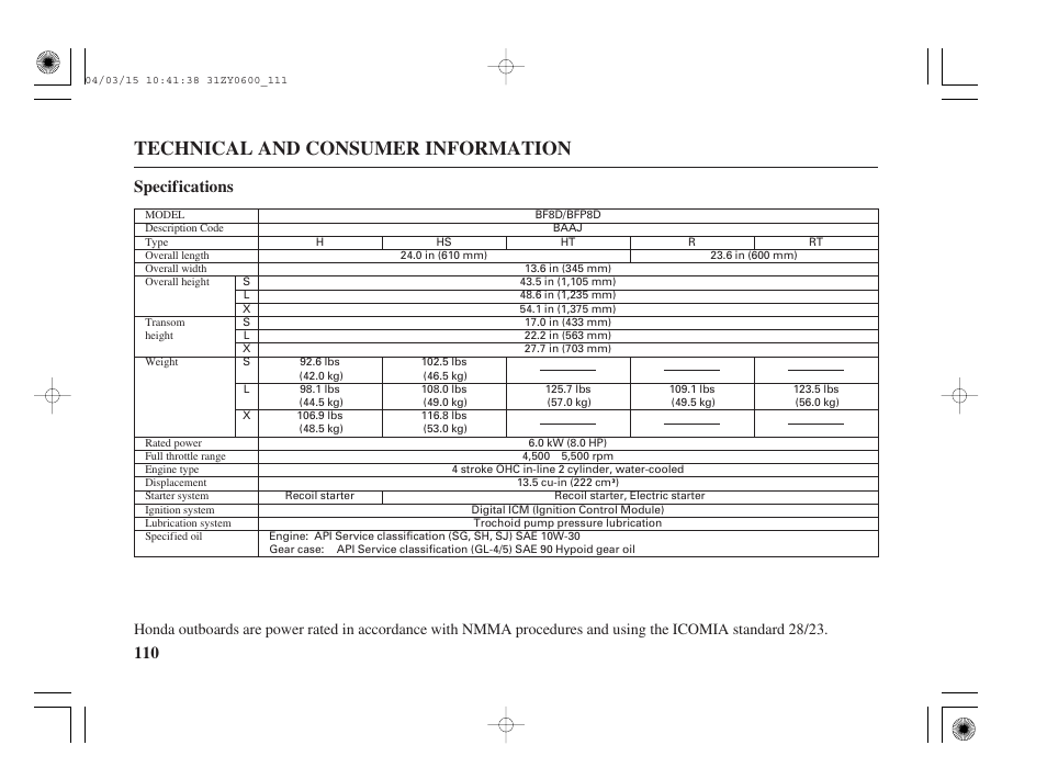 Specifications, Technical and consumer information, 110 specifications | HONDA BFP8D User Manual | Page 112 / 137