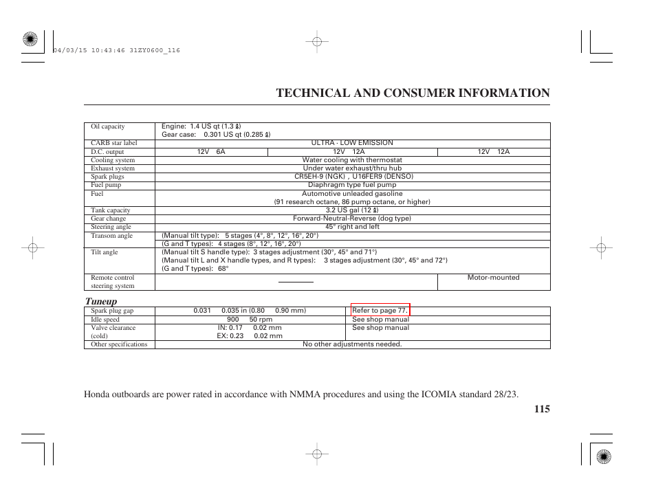 Technical and consumer information, Tuneup | HONDA BFP8D User Manual | Page 117 / 137