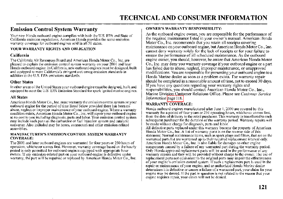 Emission control system warranty | HONDA BFP8D User Manual | Page 123 / 137