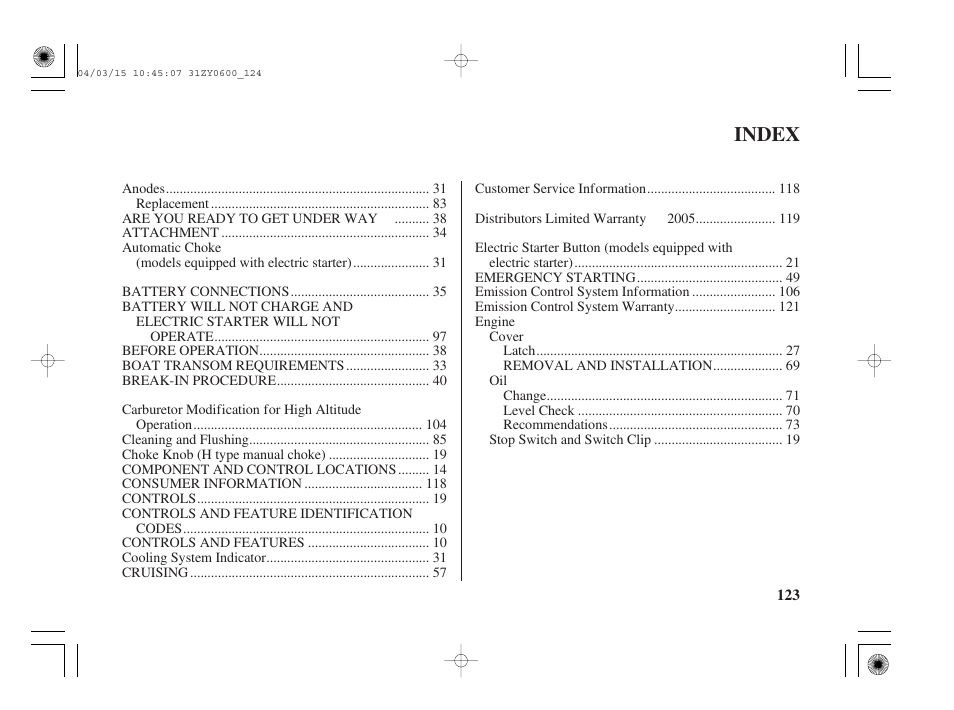 Index | HONDA BFP8D User Manual | Page 125 / 137