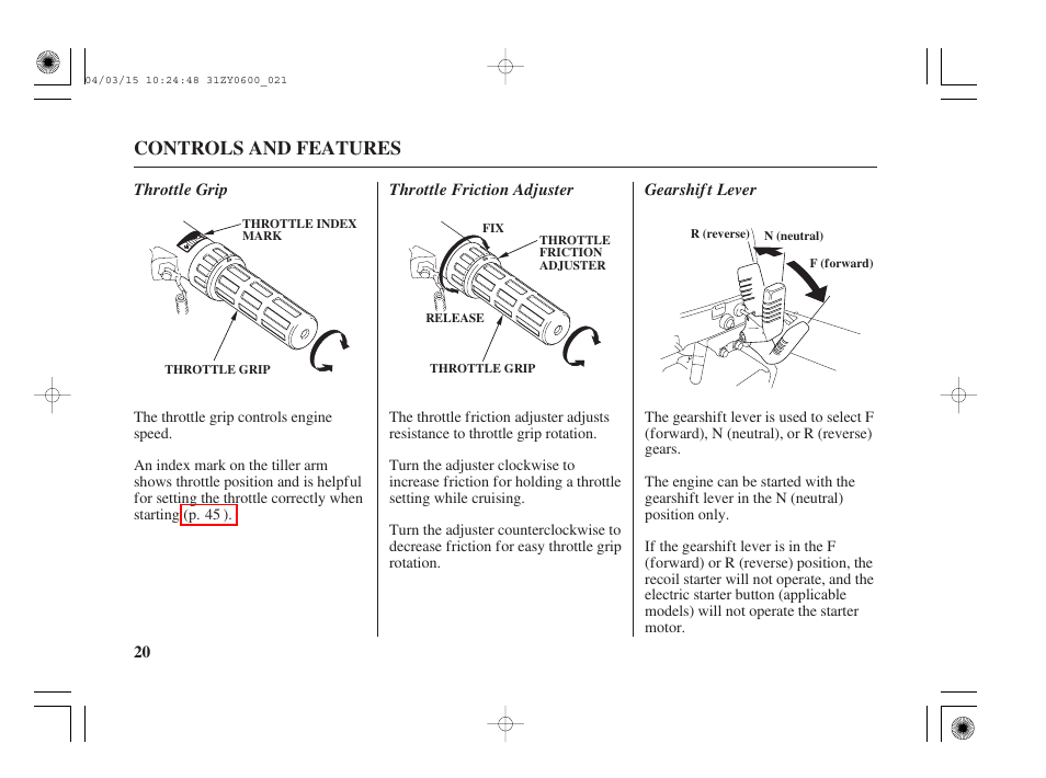 Throttle grip, Trottle friction adjuster, Gearshift lever | Controls and features | HONDA BFP8D User Manual | Page 22 / 137