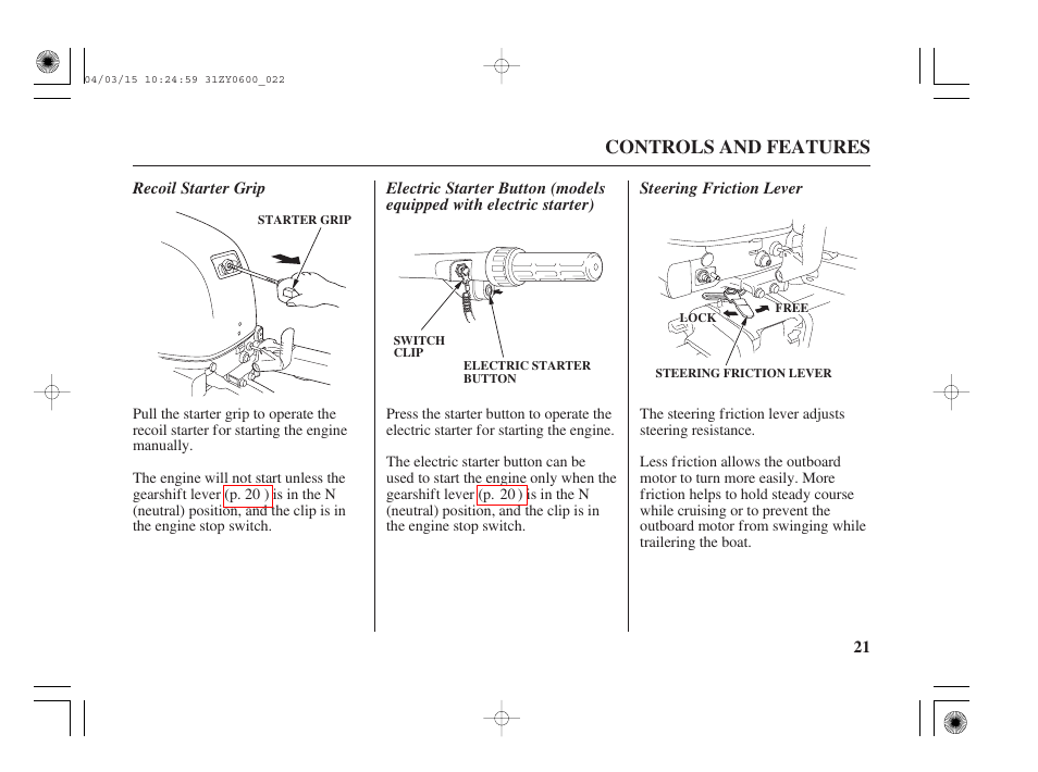 Recoil starter grip, Steering friction lever, Controls and features | HONDA BFP8D User Manual | Page 23 / 137