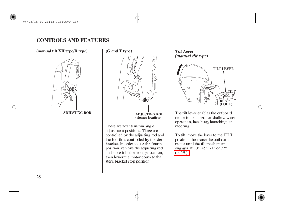 Tilt lever (manual tilt type), Controls and features | HONDA BFP8D User Manual | Page 30 / 137