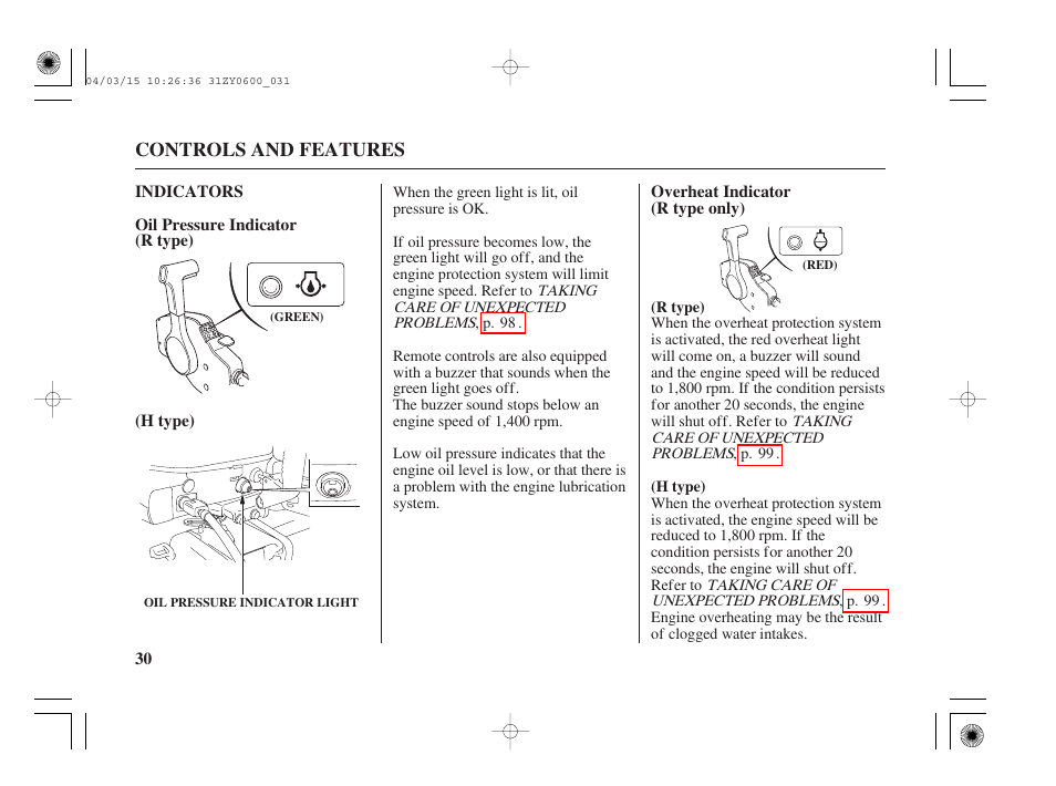 Indicators, Oil pressure indicator (r type), Overheat indicator (r type only) | HONDA BFP8D User Manual | Page 32 / 137