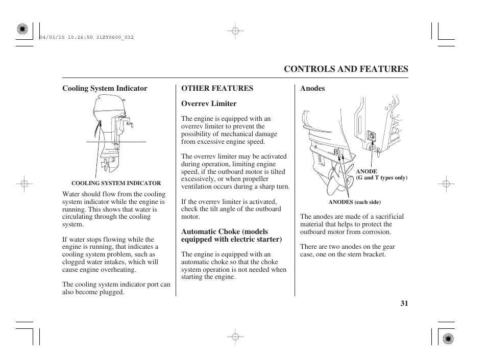 Cooling system indicator, Other features, Overrev limiter | Anodes | HONDA BFP8D User Manual | Page 33 / 137