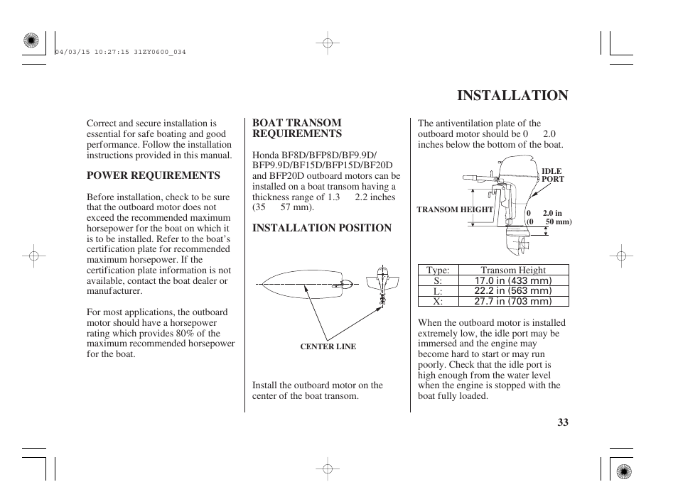 Installation, Power requirements, Boat transom requirements | Installation position | HONDA BFP8D User Manual | Page 35 / 137