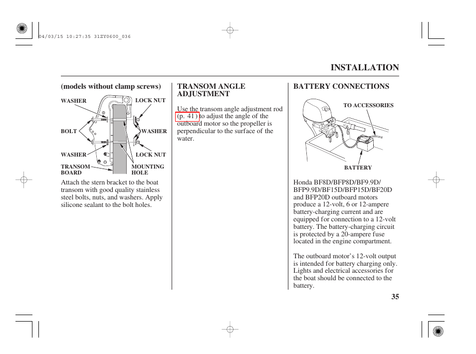 Transom angle adjustment, Battery connections, Installation | HONDA BFP8D User Manual | Page 37 / 137