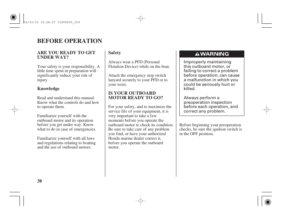 Before operation, Are you ready to get under way, Is your outboard motor ready to go | HONDA BFP8D User Manual | Page 40 / 137