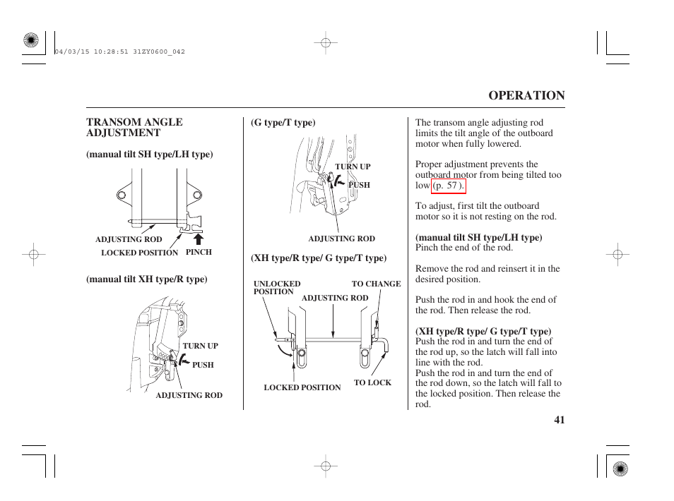 Transom angle adjustment, Operation | HONDA BFP8D User Manual | Page 43 / 137