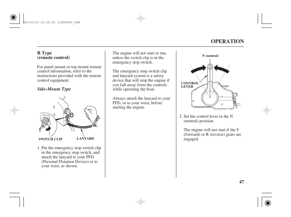 R type (remote control), Operation | HONDA BFP8D User Manual | Page 49 / 137