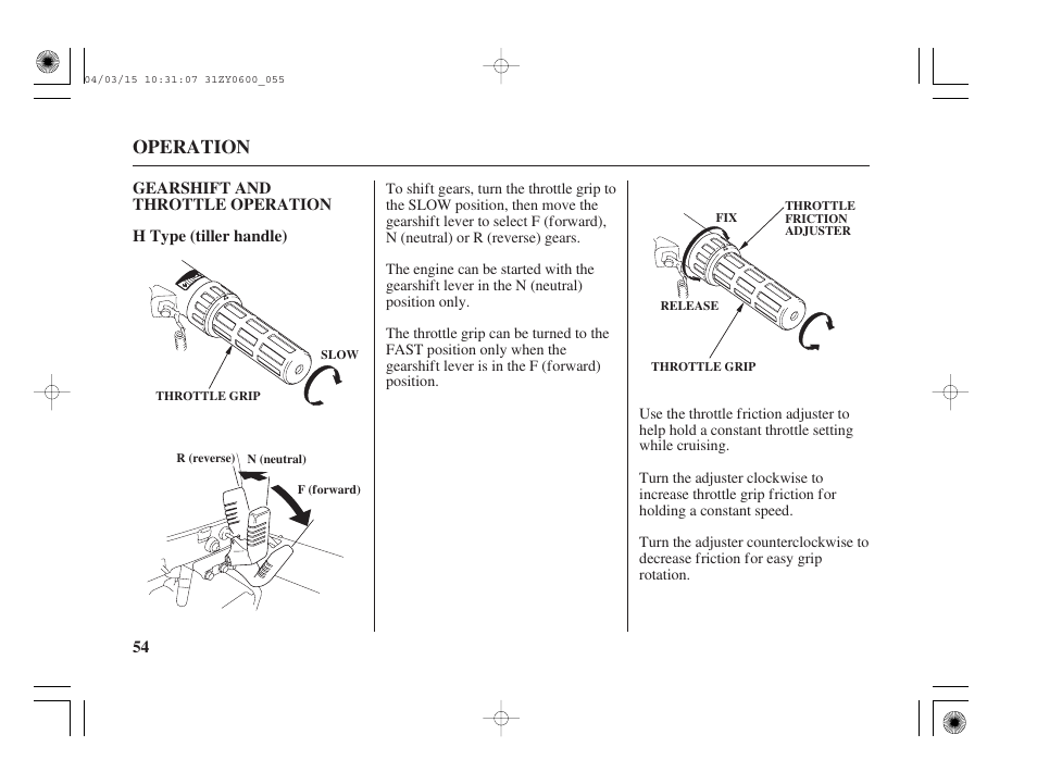 Gearshift & throttle operation, H type (tiller handle), Operation | HONDA BFP8D User Manual | Page 56 / 137