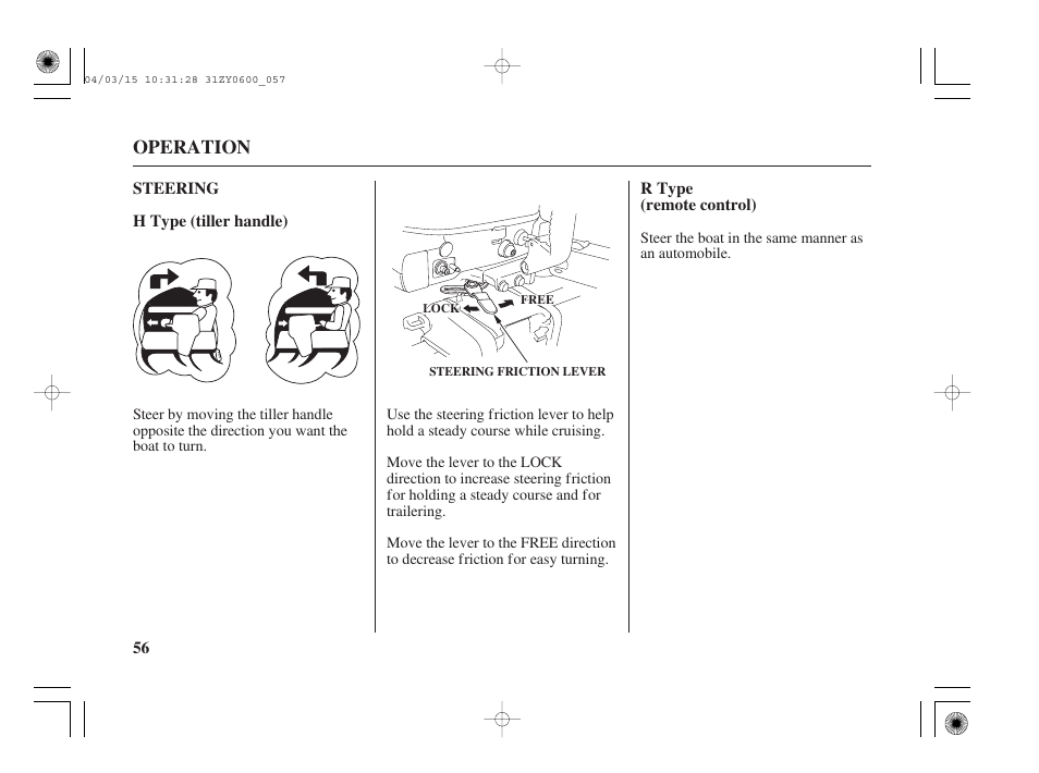 Steering, H type (tiller handle), R type (remote control) | Operation | HONDA BFP8D User Manual | Page 58 / 137