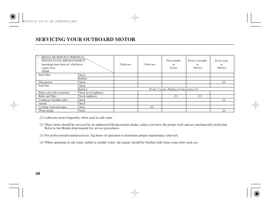Servicing your outboard motor | HONDA BFP8D User Manual | Page 70 / 137