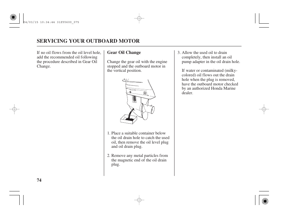 Gear oil change | HONDA BFP8D User Manual | Page 76 / 137