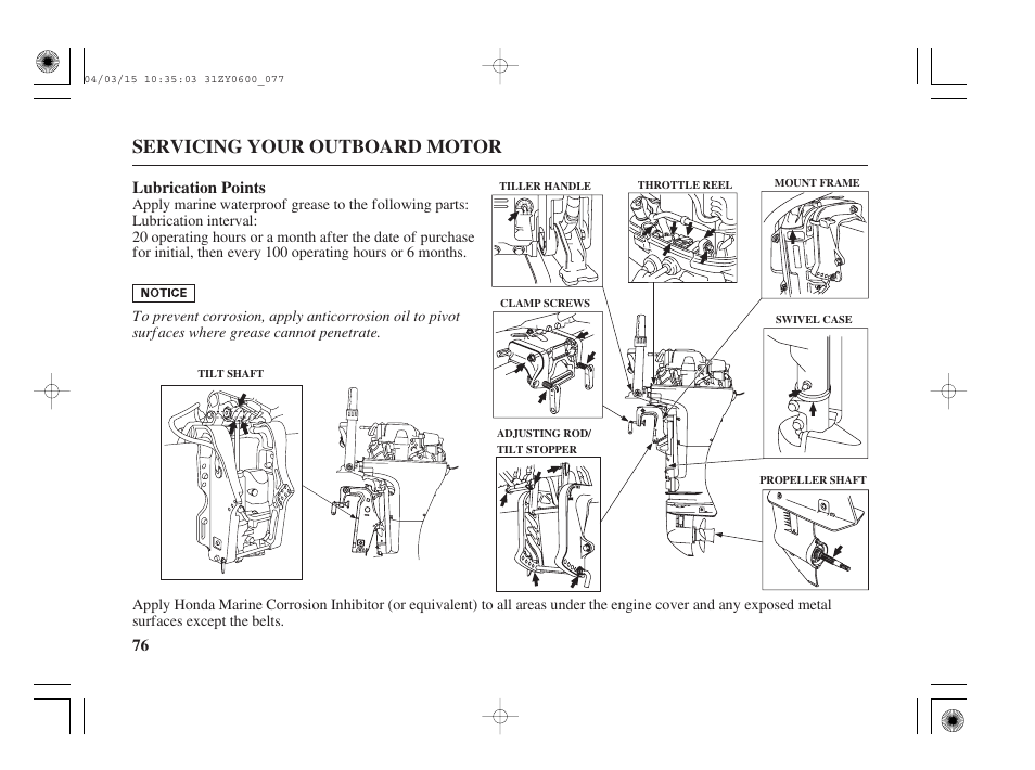 Lubrication points, Servicing your outboard motor | HONDA BFP8D User Manual | Page 78 / 137