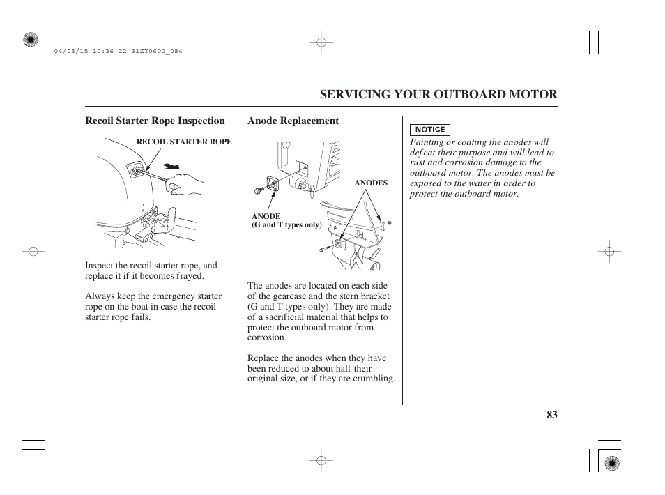 Recoil starter rope inspection, Anode replacement, Servicing your outboard motor | HONDA BFP8D User Manual | Page 85 / 137
