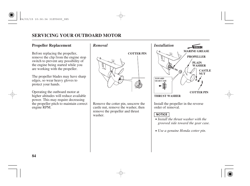 Propeller replacement, Servicing your outboard motor | HONDA BFP8D User Manual | Page 86 / 137