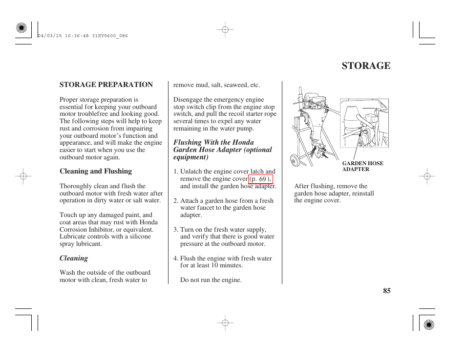 Storage, Storage preparation, Cleaning & flushing | HONDA BFP8D User Manual | Page 87 / 137