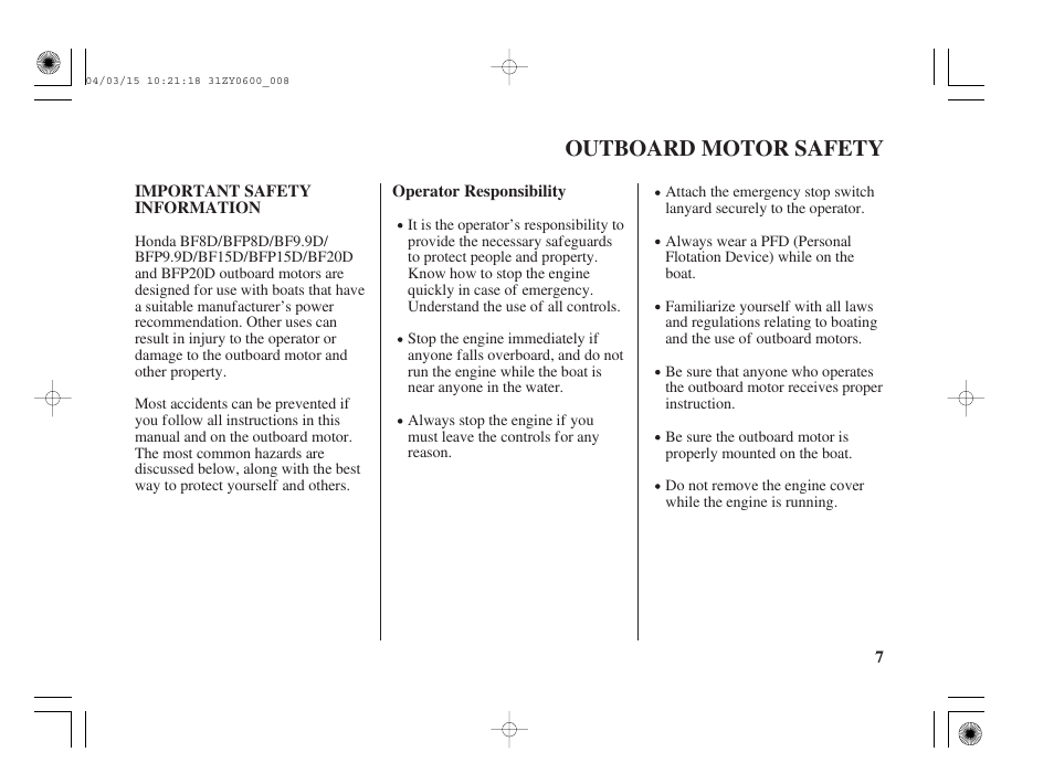 Outboard motor safety, Important safety information | HONDA BFP8D User Manual | Page 9 / 137