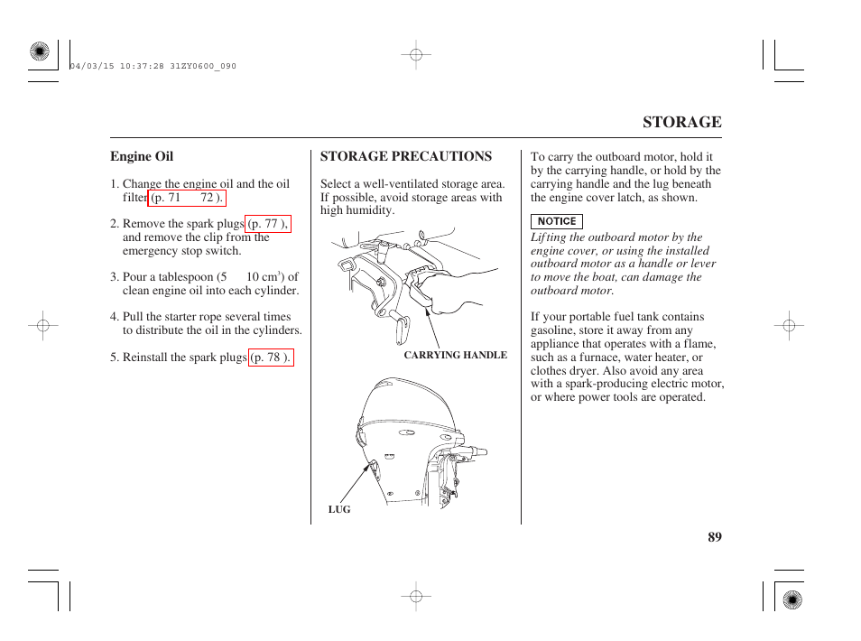 Engine oil, Storage precautions | HONDA BFP8D User Manual | Page 91 / 137