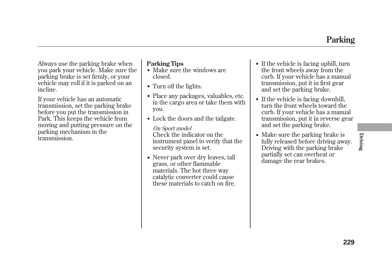 Parking | HONDA 2010 Fit User Manual | Page 235 / 354