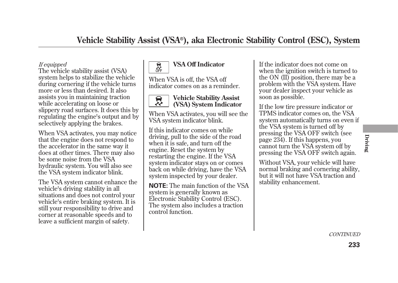 Vehicle stability assist (vsa, Aka electronic stability control (esc), system | HONDA 2010 Fit User Manual | Page 239 / 354