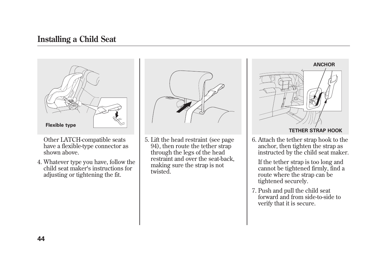 Installing a child seat | HONDA 2010 Fit User Manual | Page 50 / 354