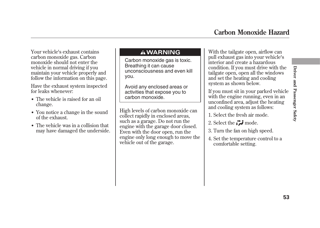 Carbon monoxide hazard | HONDA 2010 Fit User Manual | Page 59 / 354