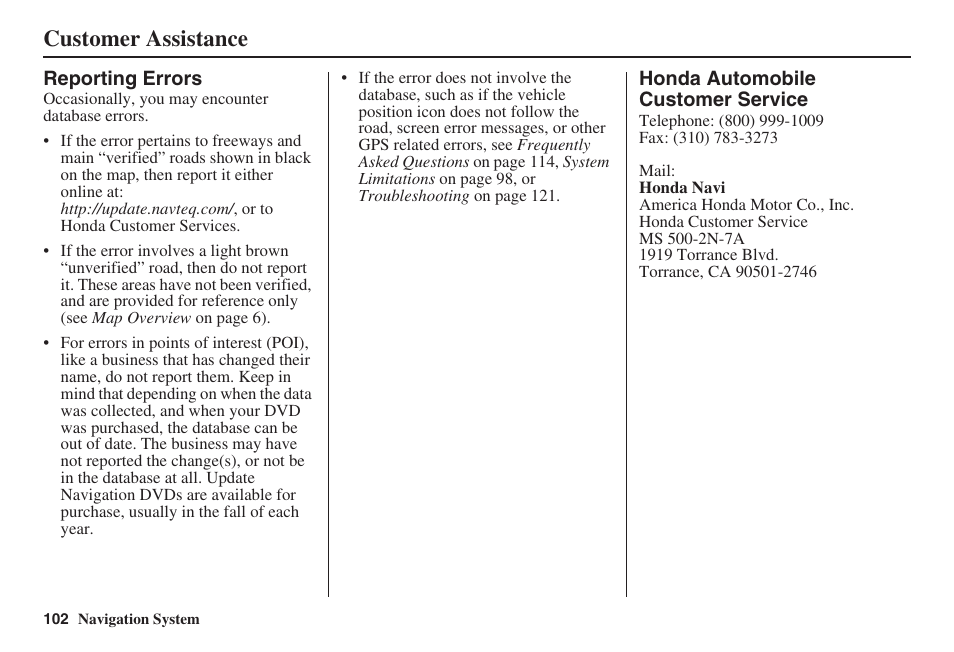 Customer assistance | HONDA 2008 Pilot Navigation User Manual | Page 103 / 138