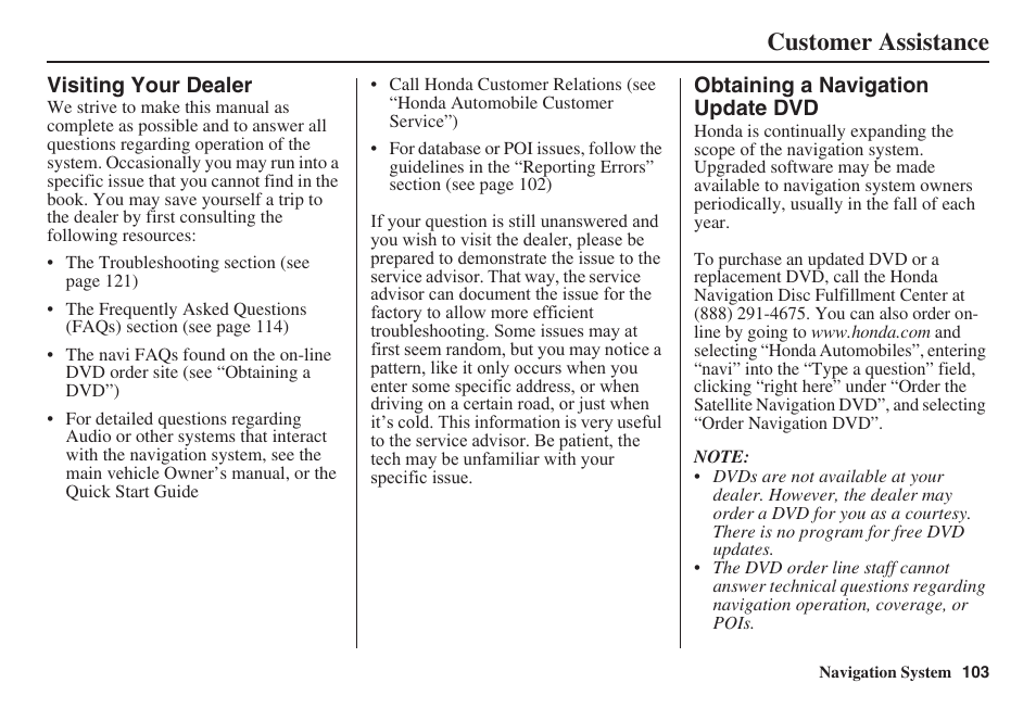 Customer assistance | HONDA 2008 Pilot Navigation User Manual | Page 104 / 138