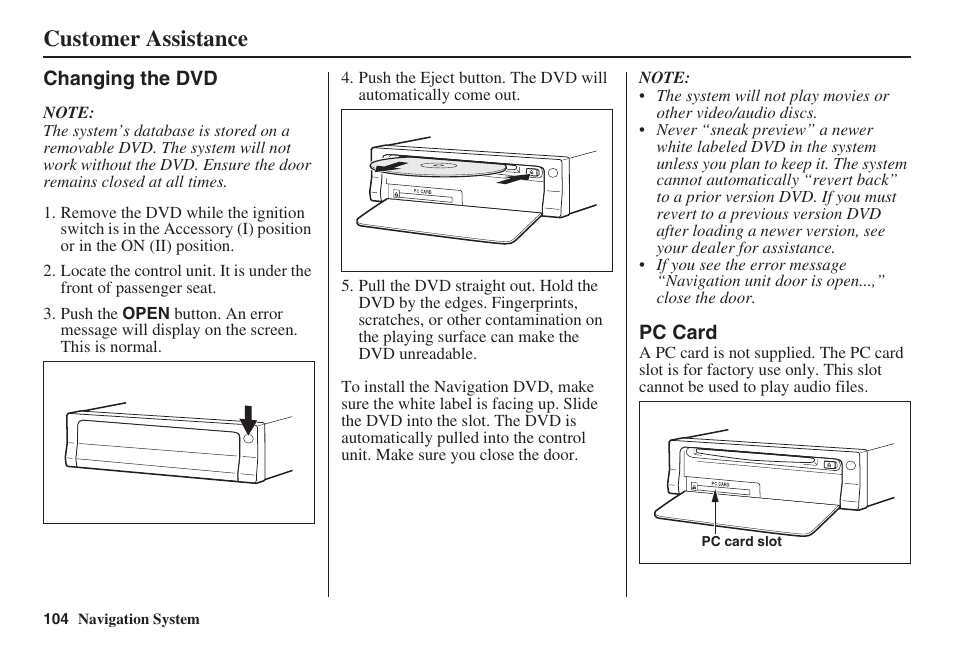 Customer assistance | HONDA 2008 Pilot Navigation User Manual | Page 105 / 138