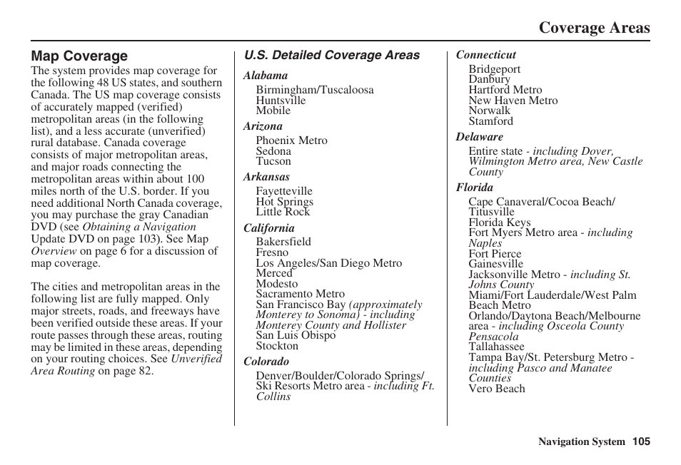 Coverage areas | HONDA 2008 Pilot Navigation User Manual | Page 106 / 138