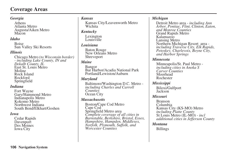 Coverage areas | HONDA 2008 Pilot Navigation User Manual | Page 107 / 138