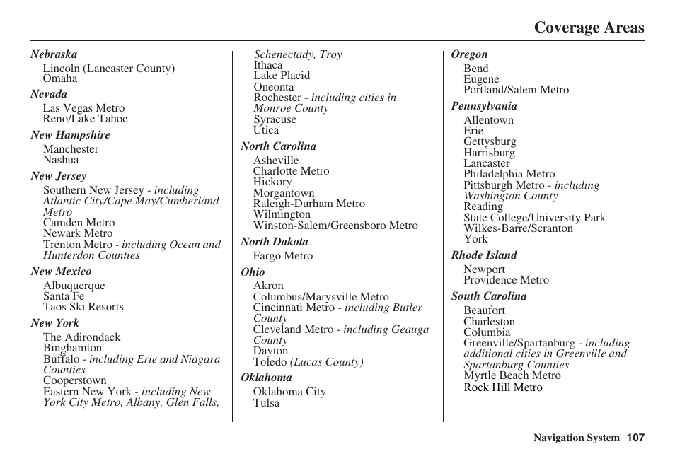 Coverage areas | HONDA 2008 Pilot Navigation User Manual | Page 108 / 138