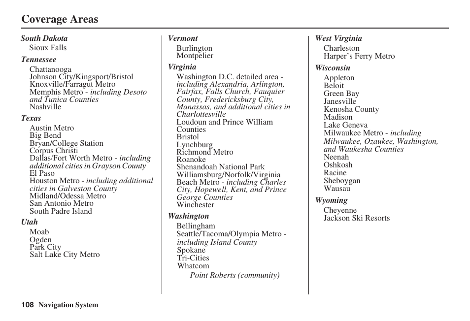 Coverage areas | HONDA 2008 Pilot Navigation User Manual | Page 109 / 138