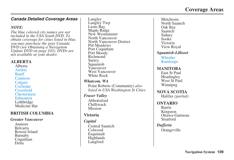 Coverage areas | HONDA 2008 Pilot Navigation User Manual | Page 110 / 138