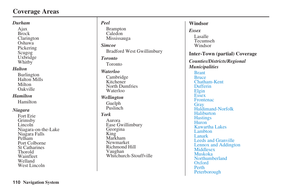 Coverage areas | HONDA 2008 Pilot Navigation User Manual | Page 111 / 138