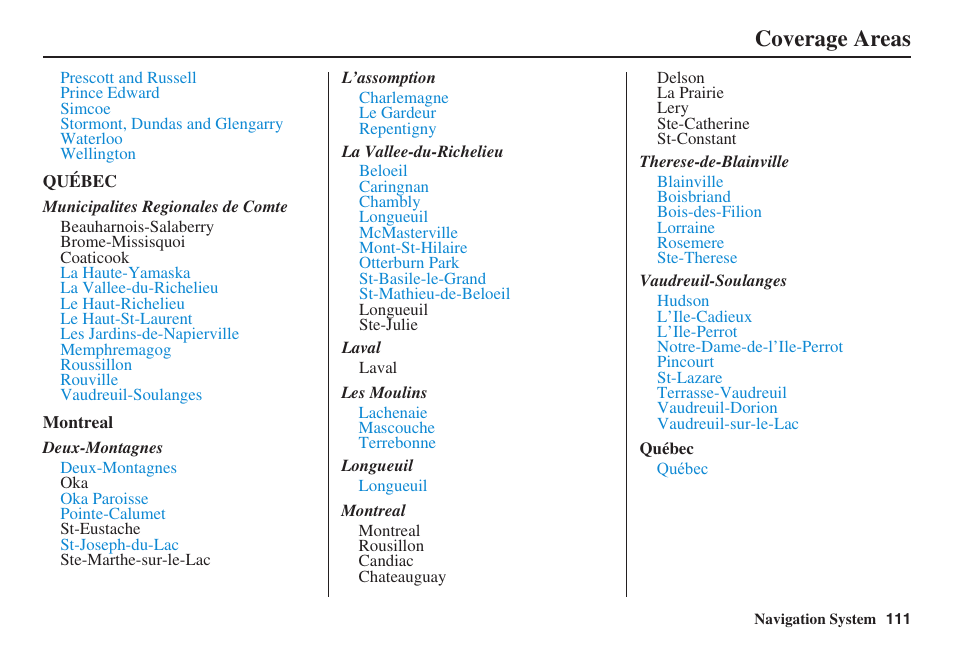 Coverage areas | HONDA 2008 Pilot Navigation User Manual | Page 112 / 138